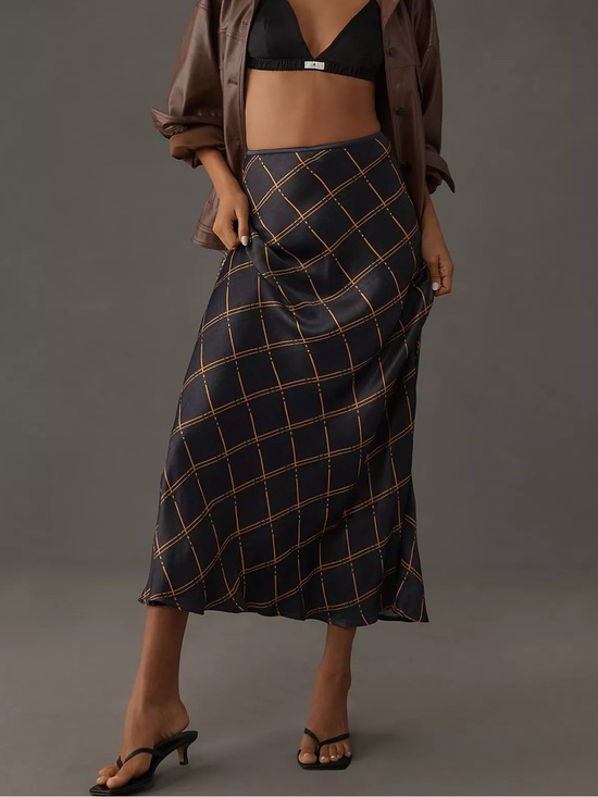 Anthropologie Dresses & Skirts - Anthropologie Conditions Apply Black Midi Skirt with Orange Windowpane Plaid